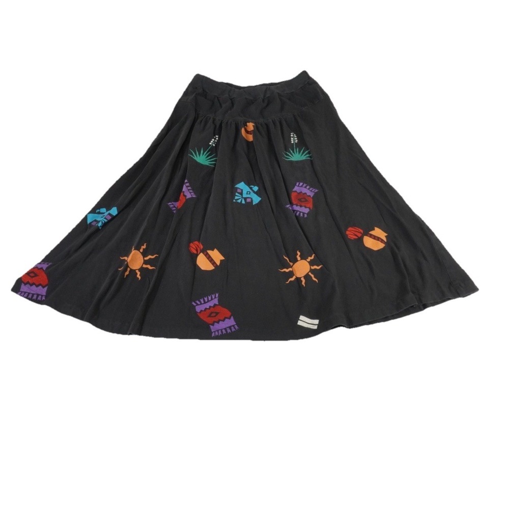Vintage THE SPORT Southwestern Midi Skirt Black Cotton Made USA Santa Fe Large
